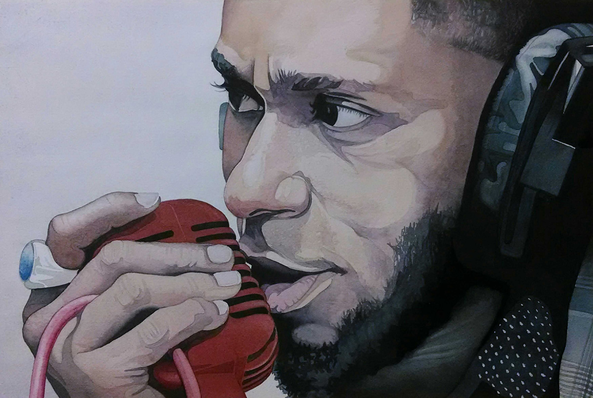 Andrew Katz Artwork of Mos Def holding a red vintage microphone.