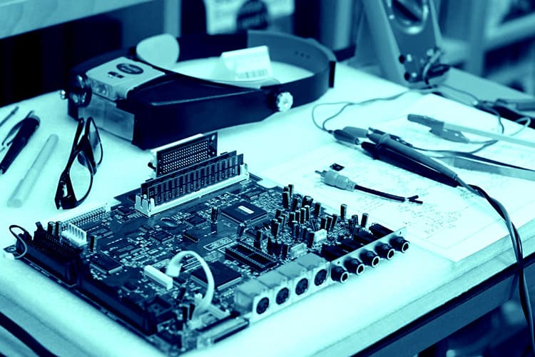 Akai MPC 2000XL main circuit board with test gear on audio bench.
