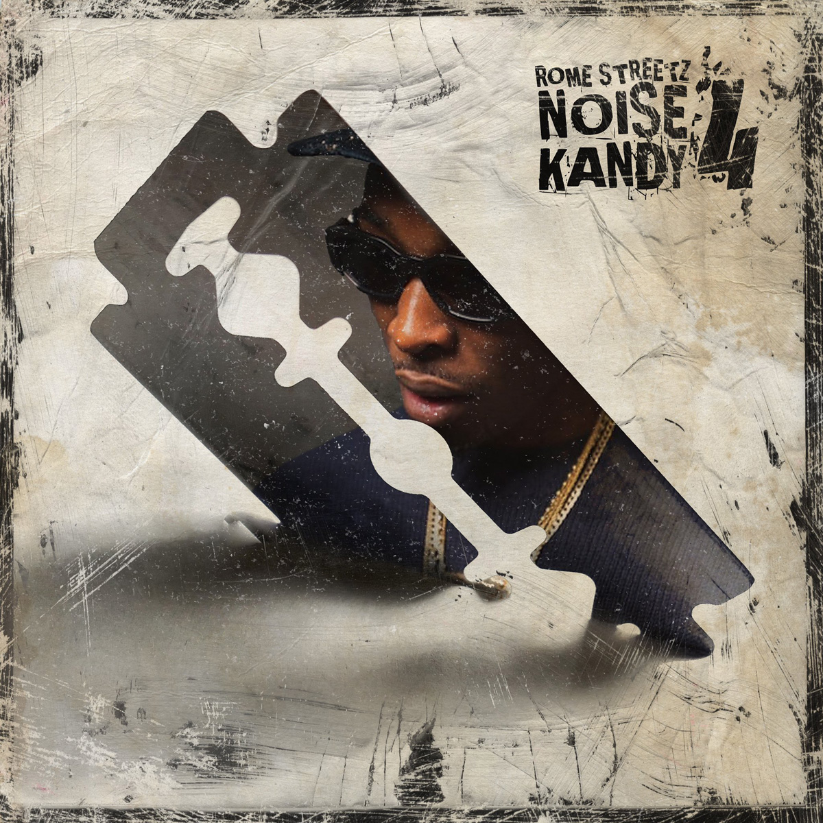 Noise Kandy 4 album cover, Rome Streetz mirror image on razor-blade.