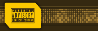 Big Noise Services Icon Parental Advisory explicit content logo brown line-art yellow background