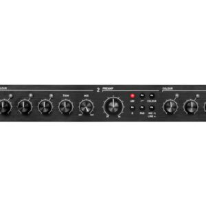 Black anodized 19" rack mount stereo analog color channel strip, front.