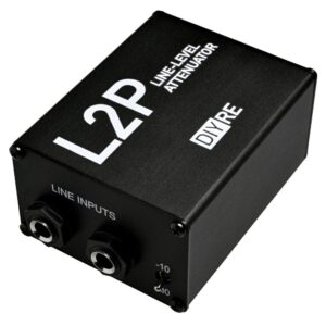 Black passive stereo line audio attenuation box, on white background.