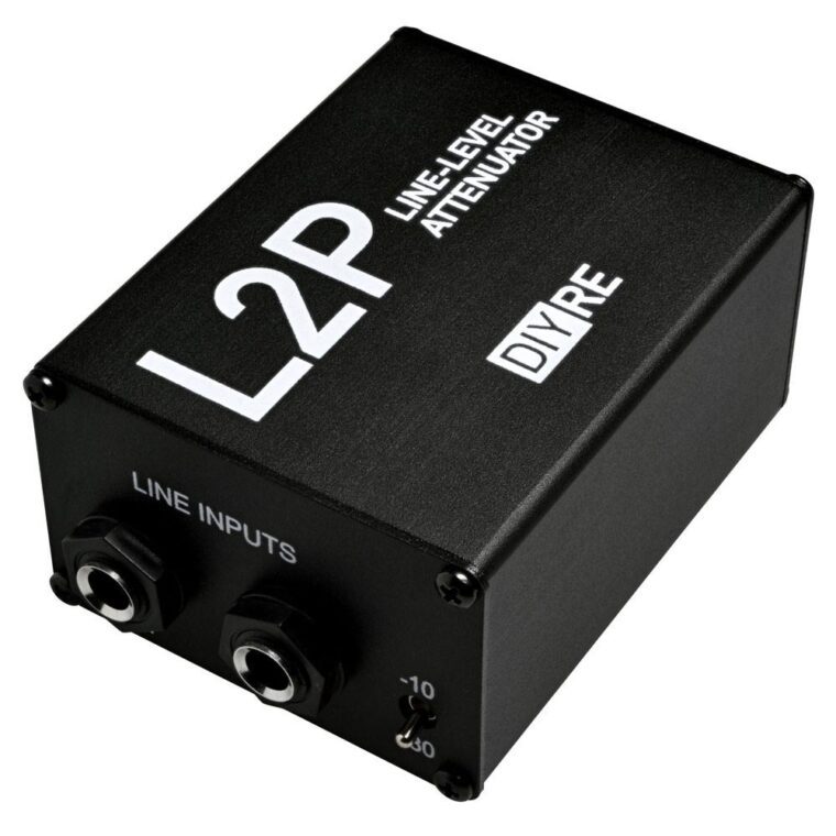 Black passive stereo line audio attenuation box, on white background.