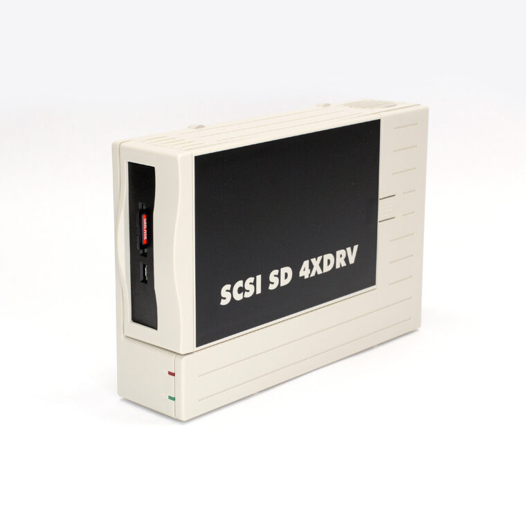 Cream white SCSI to SD external card reader, on white background.